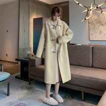 Horn buckle wool coat women's middle school long 2021 new winter small thick wool coat Hepburn wind