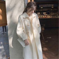 2021 woolen coat womens autumn and winter New woolen coat long horn buckle Hepburn style Japanese thicker