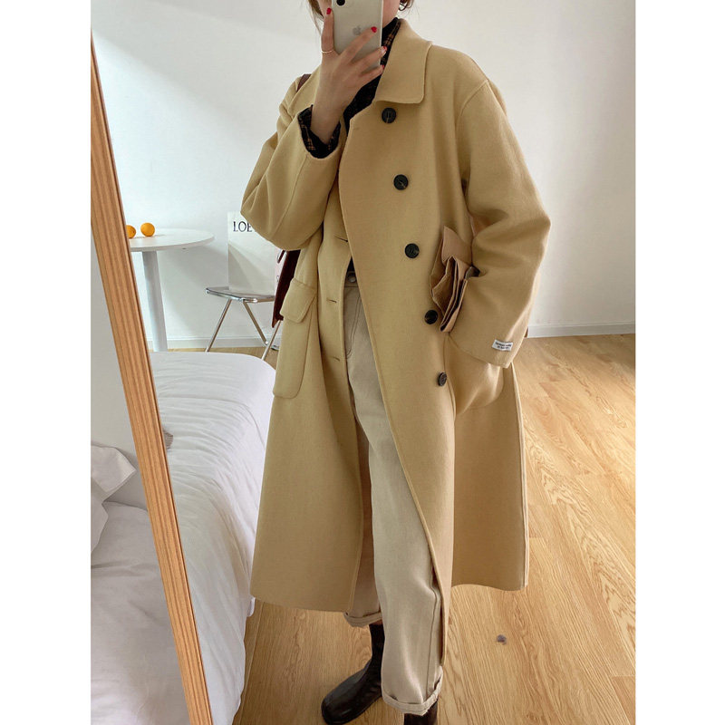 2021 new autumn and winter woolen coat women's woolen coat medium long version loose small man Korean version of Hepburn style