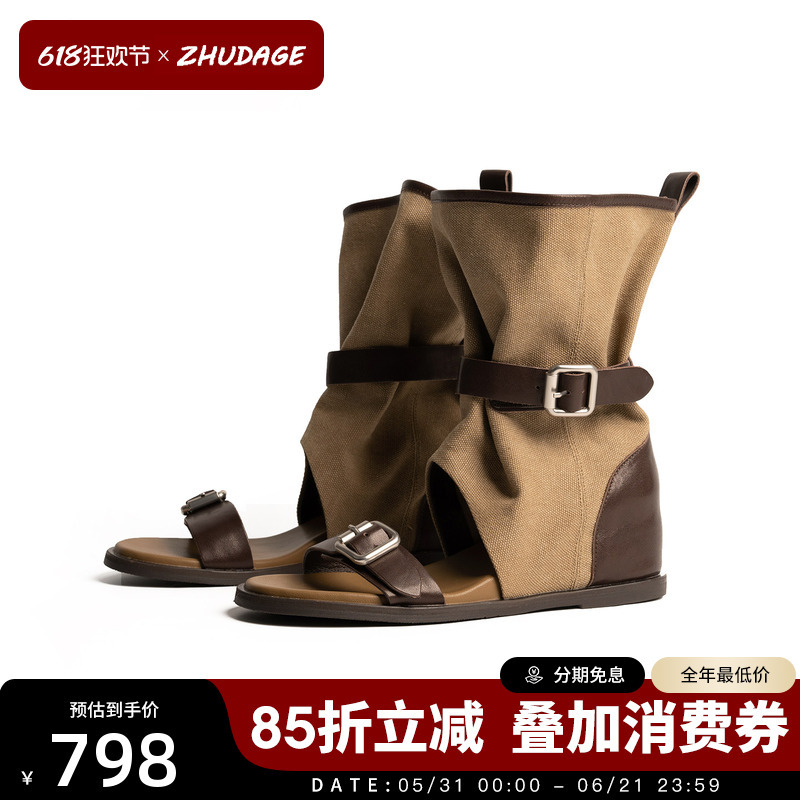 Zhudage Retro Sandals for Women 2026 New Roman Style Open-Toe Height-Increasing Slouch Boots Fashionable Hollow Short Boots
