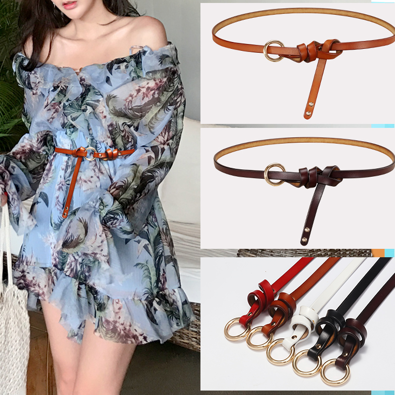 Black belt women's matching skirt without holes small leather leather fine matching jumpsuit fashion waist chain pants belt decoration summer
