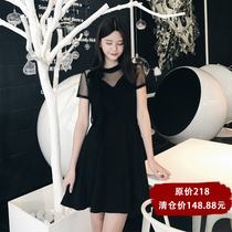 Original annual meeting black French wave dot mesh gauze temperament lace bow show thin black dress dress women