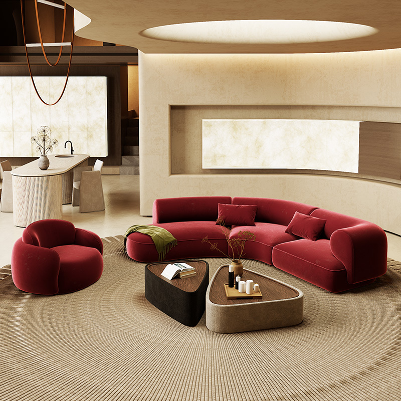 Curved Shaped Sofa in Burgundy Color for Hotel Lobby, Beauty Salon, Office, Business Meeting, Negotiation, and Reception Area