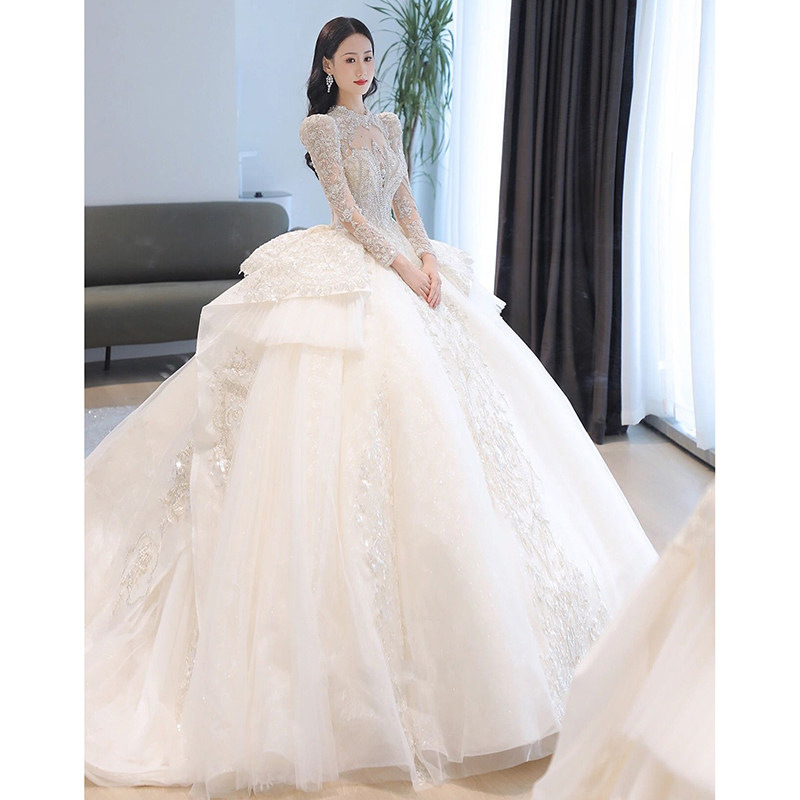 French-Style Wedding Dress 2021 New Autumn Bride Long-Sleeve Gown Palace Princess Style Light Tulle with Long Train to Cover Arms