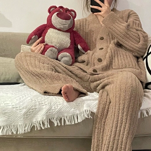 Коралловый лонгслив, бархатная зимняя пижама, штаны, комплект, 2024 года, увеличенная толщина