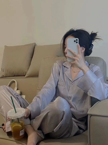 Шелковый лонгслив, осенняя пижама, кардиган, штаны, комплект, французский стиль, 2024 года