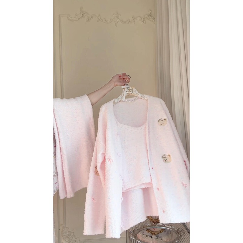 Pink Cartoon Bear Half-Velvet Pajamas for Women, Autumn and Winter Large Size Cardigan with Pants, Home Wear and Outerwear Set