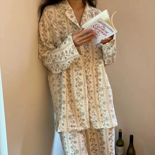 Лонгслив, демисезонная пижама, осенний комплект, цветочный принт, популярно в интернете, 2024 года, премиум класс