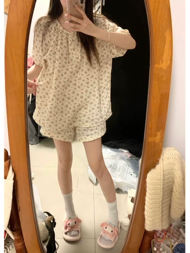 Милая пижама, шорты, штаны, комплект, цветочный принт, короткий рукав, популярно в интернете