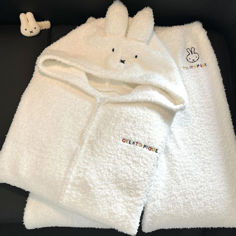 Cute Miffy Rabbit Half-Fleece Pajamas for Women Winter Hooded Thickened Warm Plush Knitted Homewear Large Size Set