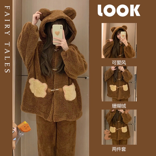 Коралловая бархатная зимняя пижама с капюшоном, бархатный зимний комплект, с медвежатами, 2024 года, увеличенная толщина