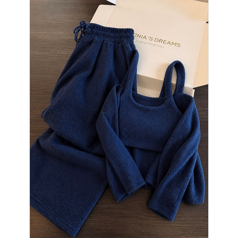 High-End, Casual, Solid Color Pajamas for Women, Winter Long-Sleeved Cardigan, Suspender Pants, Can Be Worn Outside, Home Wear Three-Piece Set High-End, Casual, Solid Color Pajamas for Women, Winter Long-Sleeved Cardigan, Suspender Pants, Can Be Worn Outside, Home Wear Three-Piece Set