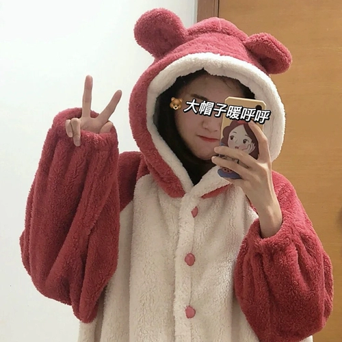 Милая пижама, клубника с капюшоном, зимний длинный комплект, увеличенная толщина, 2024 года, новая коллекция, популярно в интернете