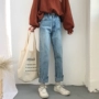 Quần nữ mùa thu mới Hàn Quốc chic retro sinh viên eo cao lỏng lẻo quần thẳng thẳng quần jeans quần jean ống bó