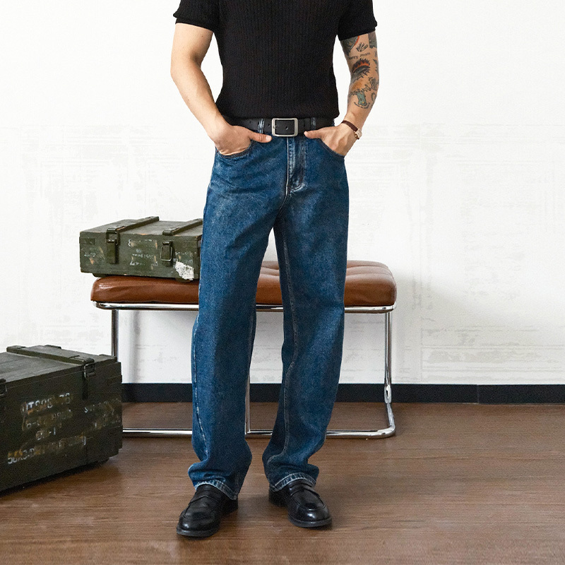 Hgmg American Casual Heavy-Duty Washed Denim Jeans in Sapphire Blue, Vintage Denim, Loose Straight-Leg Long Pants for Men