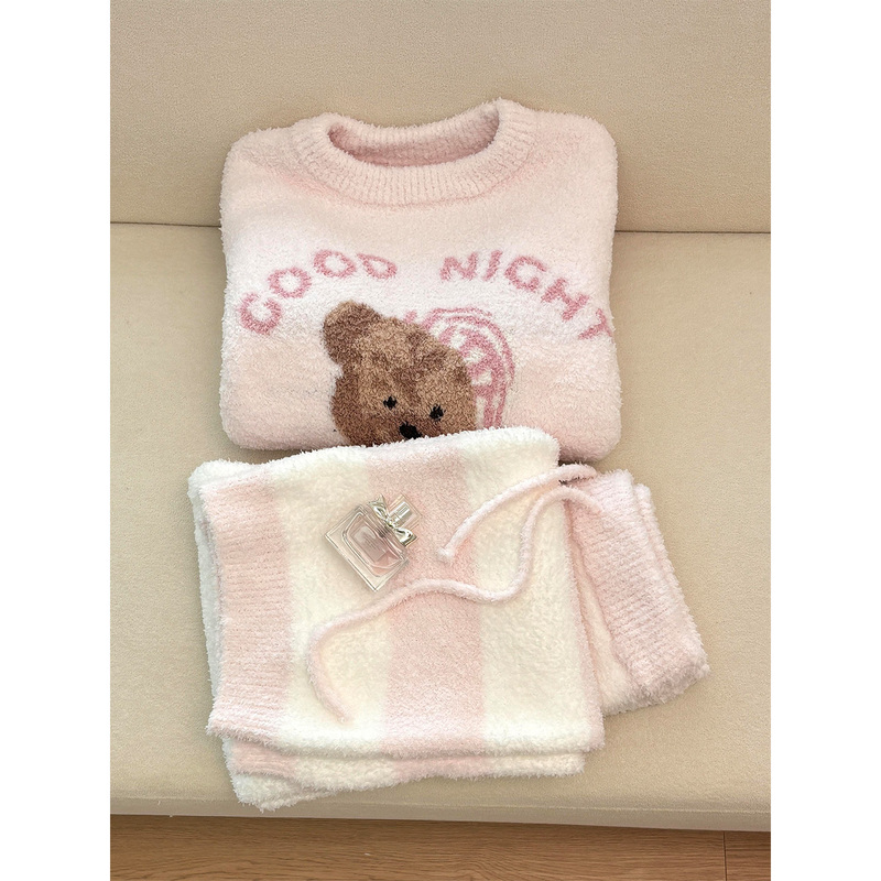 Cute Girl Bear Knitted Half-Velvet Pajamas for Women 2026 Autumn and Winter Can Be Worn Outside Thickened Plus Size Loungewear Set Cute Girl Bear Knitted Half-Velvet Pajamas for Women 2026 Autumn and Winter Can Be Worn Outside Thickened Plus Size Loungewear Set