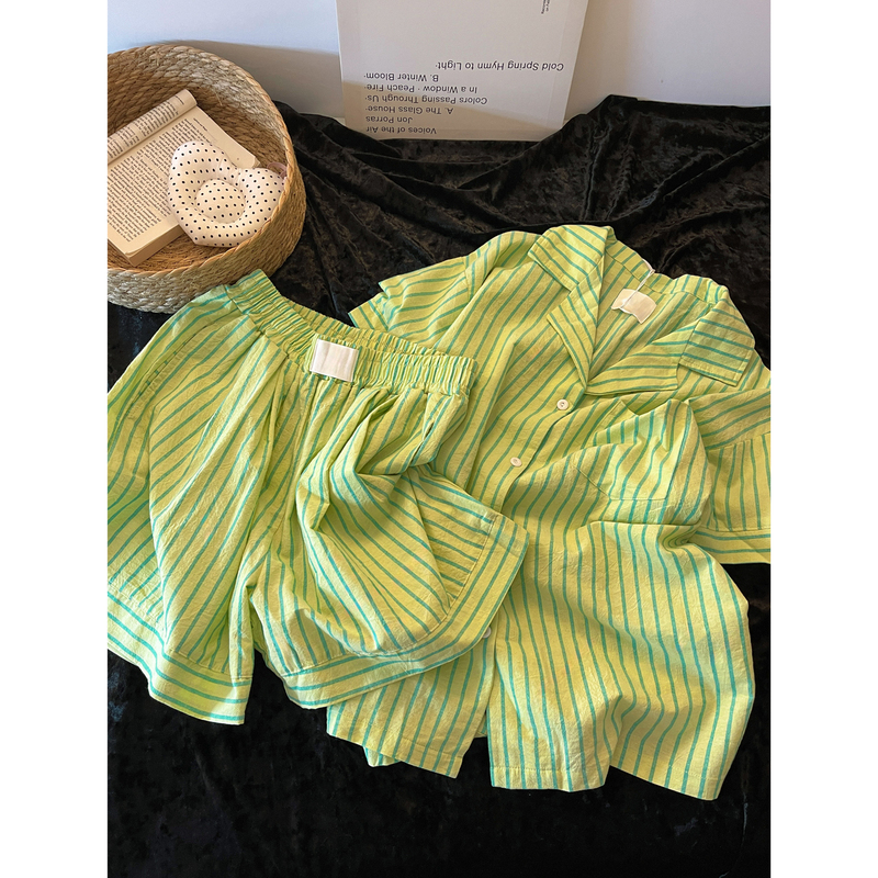 Korean Style Casual Green Striped Short-Sleeved Pajamas for Women 2026 Summer New Loose and Lazy Large Size Home Wear Set