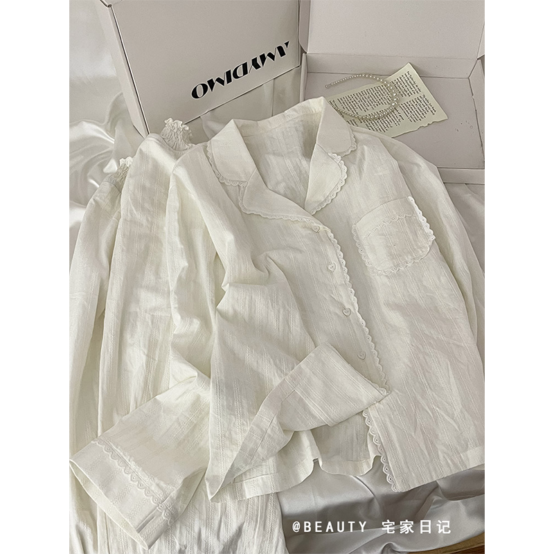 French Lace Pure Cotton Pajamas for Women 2026 Autum White Cotton Gauze Long-Sleeved Pants Home Wear Set for Outer Wear