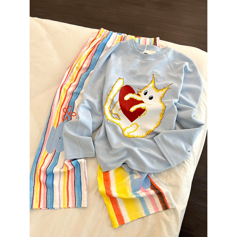 Korean Style Cartoon Cat Print Long-Sleeved Pajamas for Women 2026 Autumn New Rainbow Striped Pants Home Wear Set Korean Style Cartoon Cat Print Long-Sleeved Pajamas for Women 2026 Autumn New Rainbow Striped Pants Home Wear Set