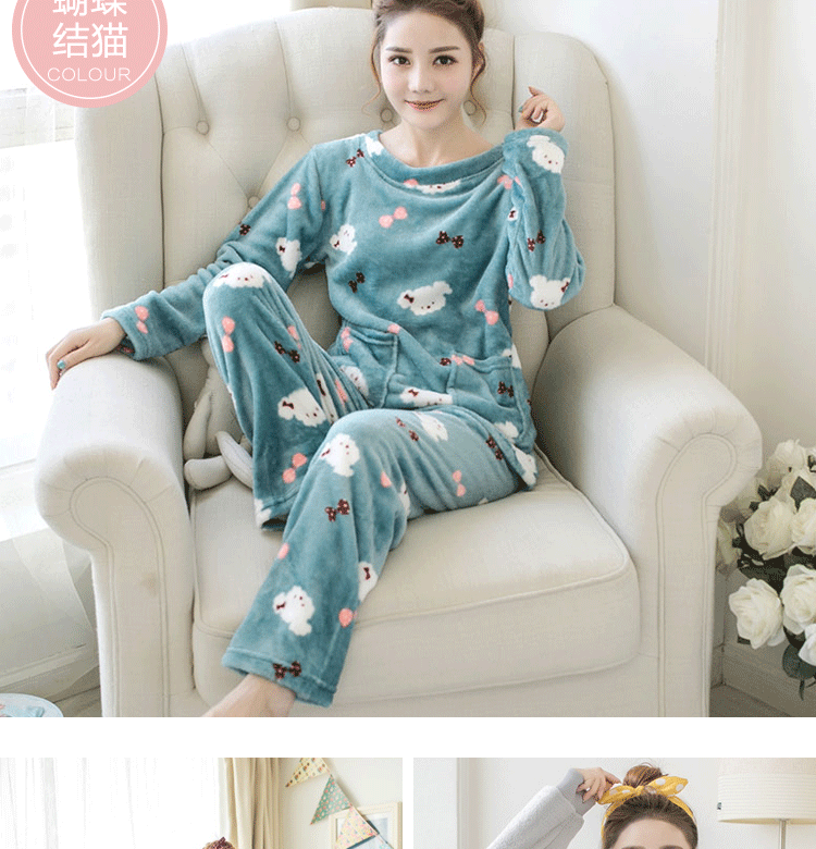 Phiên bản Hàn Quốc của bộ đồ ngủ nữ dễ thương ngọt ngào nhung mùa đông san hô 2018 mới tay dài bằng cotton dày cộng với nhung ấm có thể mặc bộ đồ khủng long