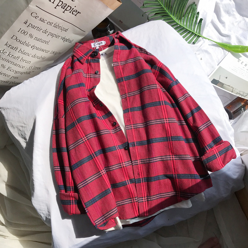 Hồng Kông phong cách Harajuku bf áo sơ mi kẻ sọc retro Học sinh Hàn Quốc lỏng lẻo nam và nữ áo dài tay áo ulzzang thủy triều thương hiệu áo sơ mi nam cao cấp