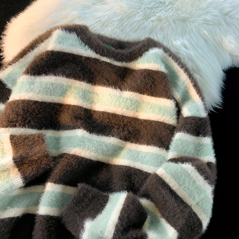 Jianyinz Soft and Gentle Mint Green Striped Lazy Style Sweater for Men and Women, Loose Retro ins Knitwear Jianyinz Soft and Gentle Mint Green Striped Lazy Style Sweater for Men and Women, Loose Retro ins Knitwear