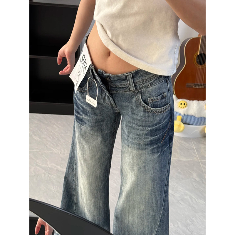 Straight-Leg Jeans for Women, Summer 2026 New Design, Slimming, Low-Waisted, American-Style, Pleated, Vintage, Loose Wide-Leg Pants
