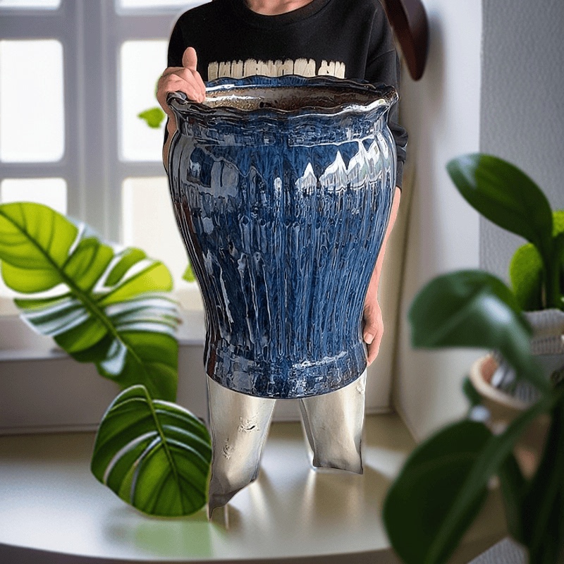 Lotus Mouth Pumpkin Pattern Jute Dot Glaze High Tube Living Room Floor-Standing Extra Large Ceramic Flower Pot Money Tree Ceramic Large Flower Pot
