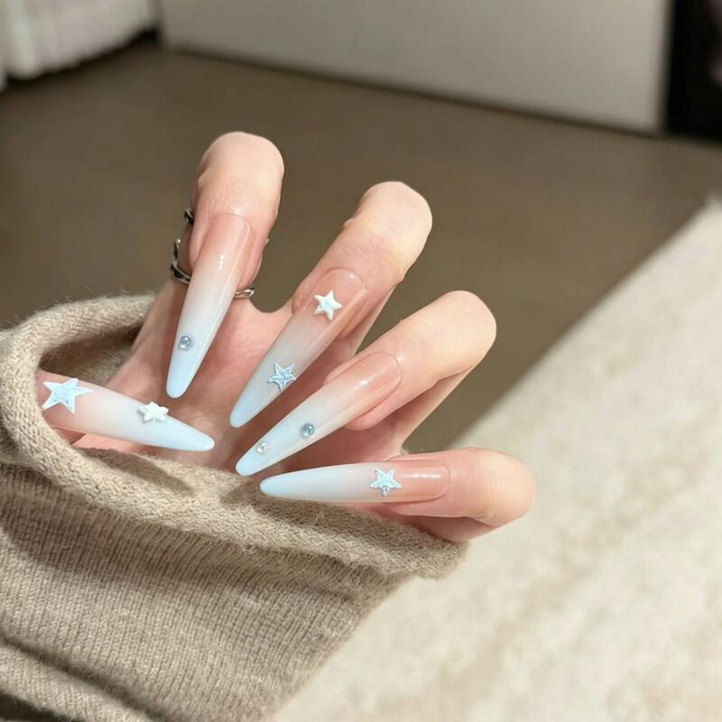 2026 New Spring and Summer Sweet Girl Style Nail Art, Clear Ice Blue Star Gradient, Girly Semi-Handmade Nail Art 1006 2026 New Spring and Summer Sweet Girl Style Nail Art, Clear Ice Blue Star Gradient, Girly Semi-Handmade Nail Art 1006