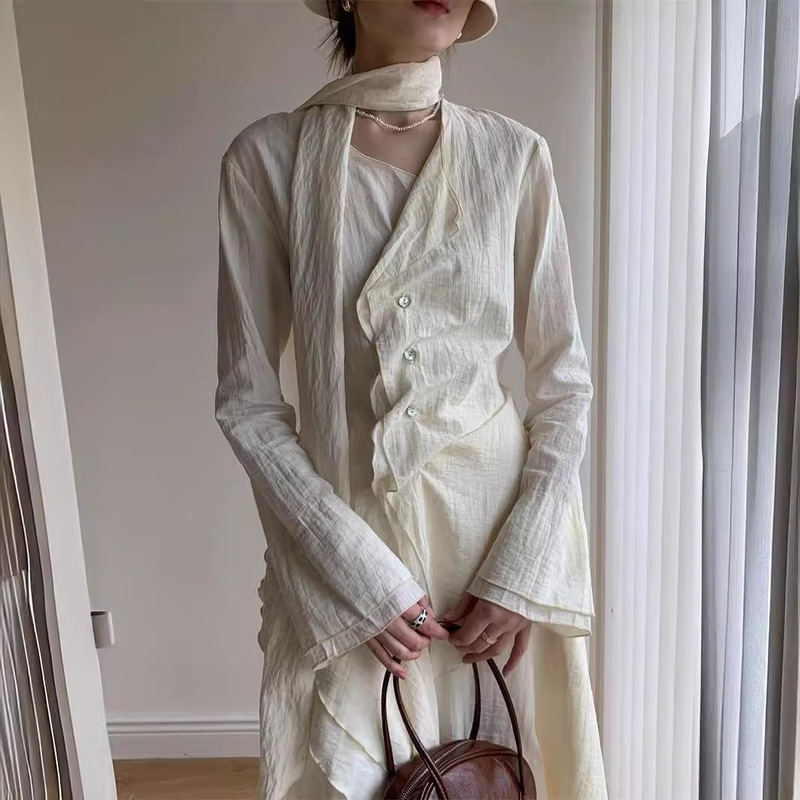 French-Style Atmospheric Top, Retro New Chinese Style, Plain Color, Cool and Understated, Irregular Design Shirt for Women