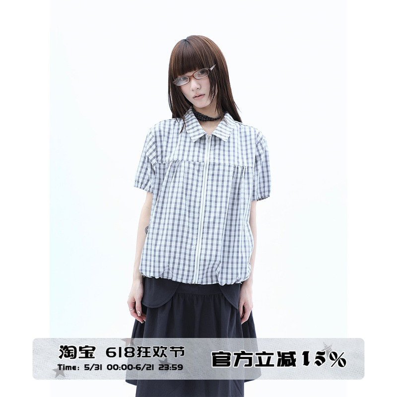 Angproject 6/18 New Product Functional Korean Style Casual Plaid Zipper Lapel Short-Sleeved Shirt Top for Women Angproject 6/18 New Product Functional Korean Style Casual Plaid Zipper Lapel Short-Sleeved Shirt Top for Women