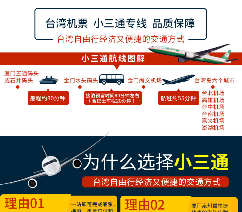台湾小三通往返套票厦门五通至金门 台北台中高雄澎湖包含入台证 旅游度假 飞猪