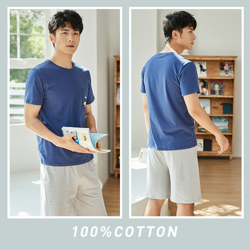 mùa xuân dưa đầu và mens mùa hè bông pajama bộ ngắn tay áo thun quần áo nhà cotton mỏng hàng đầu.