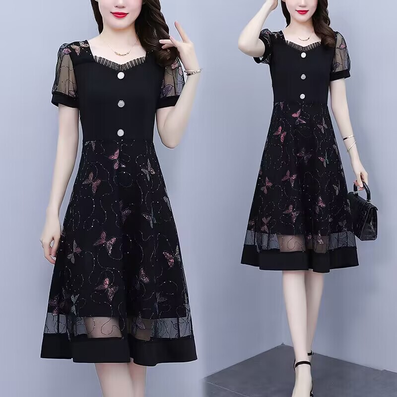 Summer High-End Plus-Size Women's Mesh Dress, Short-Sleeved, Elegant, for Curvy Women, Tummy-Concealing, Slimming, French-Style Little Black Dress