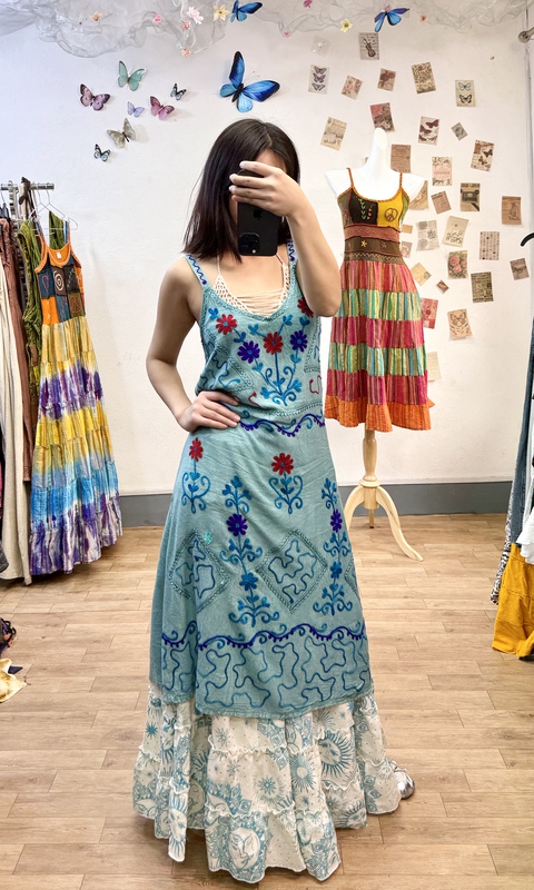 [Blue Orange Sparkling Water] Nepal Indian Tencel Cotton Colorful Cotton Thread Embroidery Suspender Dress + Skirt Set