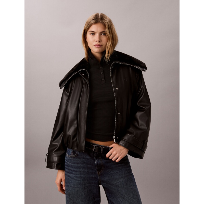 Ck Jeans Korean Purchasing Agent 26 Autumn Women's Fur Collar Imitation Leather Pilot Short Jacket 47H524G