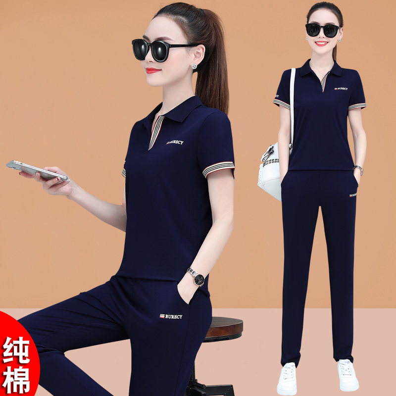 Pure cotton sports suit Women Summer 2022 new loose collar short sleeves Long pants Fashion thin casual wear Two sets