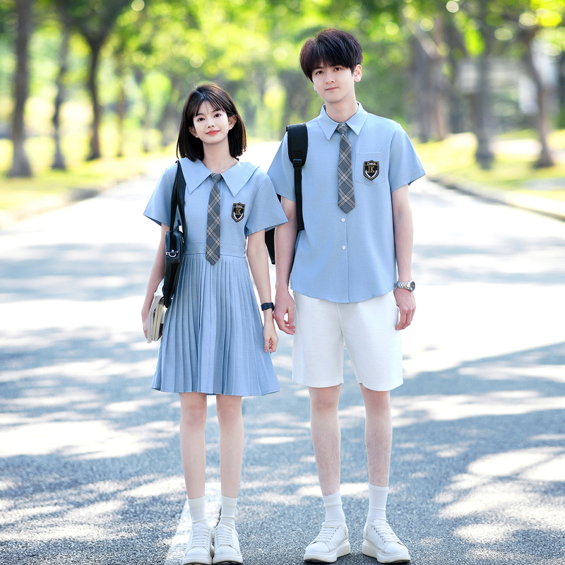 College Style Polo Collar Short-Sleeved Shirt Blue Performance Clothing Male and Female Student Dress Summer Suit Graduation Class Uniform