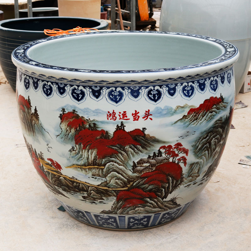 Ceramic Large Vase with Landscape and Blue and White Design, Fish Tank, Living Room Koi Tank, Traditional Courtyard Feng Shui Wealth-Attracting Vase, Large Door Sea Vase Ceramic Large Vase with Landscape and Blue and White Design, Fish Tank, Living Room Koi Tank, Traditional Courtyard Feng Shui Wealth-Attracting Vase, Large Door Sea Vase