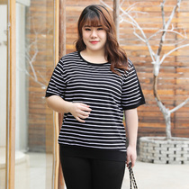 Blouse Women Summer 2022 New Fat Mm Plus Fat Plus Size Womens Dress 200 Catty Cotton Display Slim Striped T-shirt Woman Half Sleeve