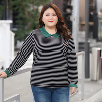 Q Large Code Woman Equipped with collar t-shirt Fat mm200 Loose Polo Shirt Stripe Long Sleeves Gats Up Top of blouses
