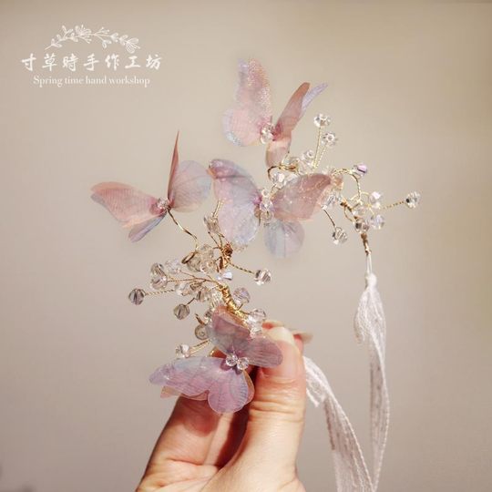 Super Fairy-Like, Fresh and Forest-Style Wedding Bride Wrist Flower, Bridesmaid Group Bracelet Flower, Blue and Pink Butterfly Crystal Hand-Tied Flower