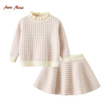 AuroMesa Little Fragrant Wind Girls Suit Fall Winter Houndstooth Knitted Pullover Foreign Style Skirt Sweater Suit