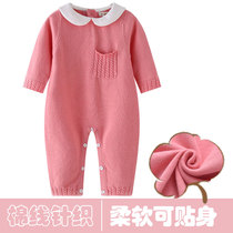AuroMesa baby knitted jumpsuit spring and autumn female baby sweater 0-1 years old newborn long-sleeved out clothes