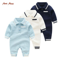 AuroMesa baby knit one-piece clothes spring autumn male baby polo collar full cotton wool line clothes long sleeve khaki