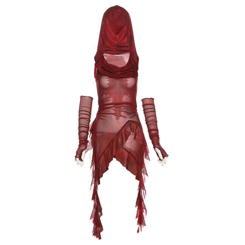 Desert Wasteland Style Red Two-Way Wear Hooded/Cowl Neck Design with Irregular Ruffles and Sleeve Cuffs Slim-Fit T-Shirt for Women Desert Wasteland Style Red Two-Way Wear Hooded/Cowl Neck Design with Irregular Ruffles and Sleeve Cuffs Slim-Fit T-Shirt for Women