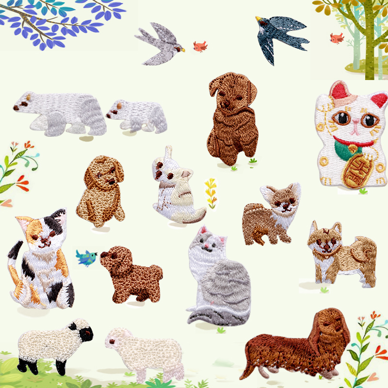 Japanese cute animal cloth stickers embroidery puppy cat swallow pattern hole sticker flower clothes decoration patch hole cloth sticker