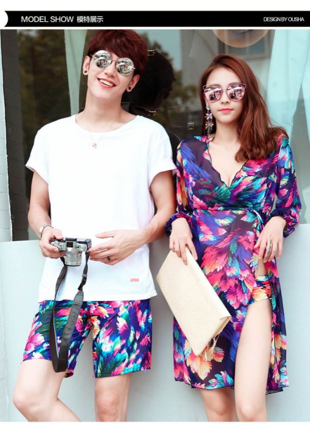 Cặp đôi cá mập châu Âu đồ bơi cho nam và nữ thép tấm ngực nhỏ tập hợp bikini gợi cảm áo tắm ba mảnh mùa xuân nóng bỏng đồ đôi trắng đi biển	