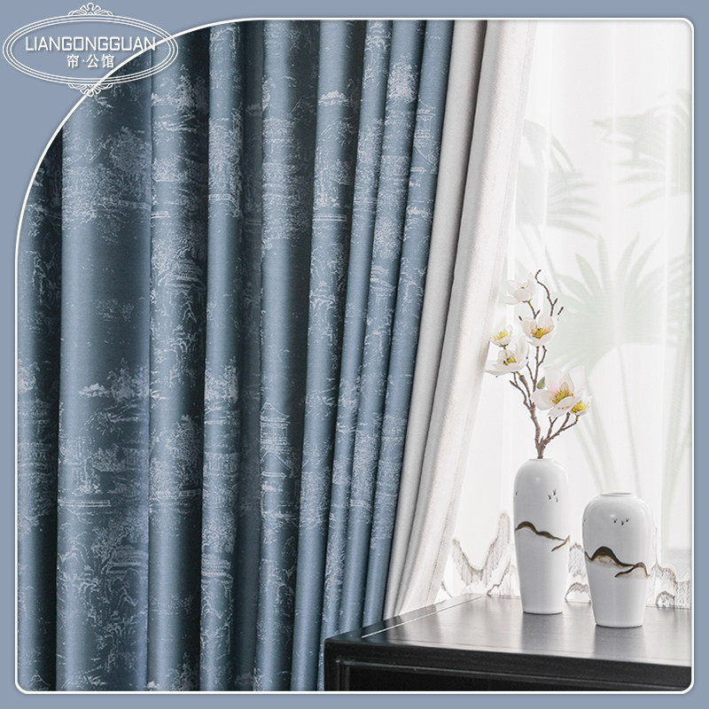 Finished curtains high precision seamless stitching high temperature stereotyped light luxury modern new Chinese living room blue gray factory