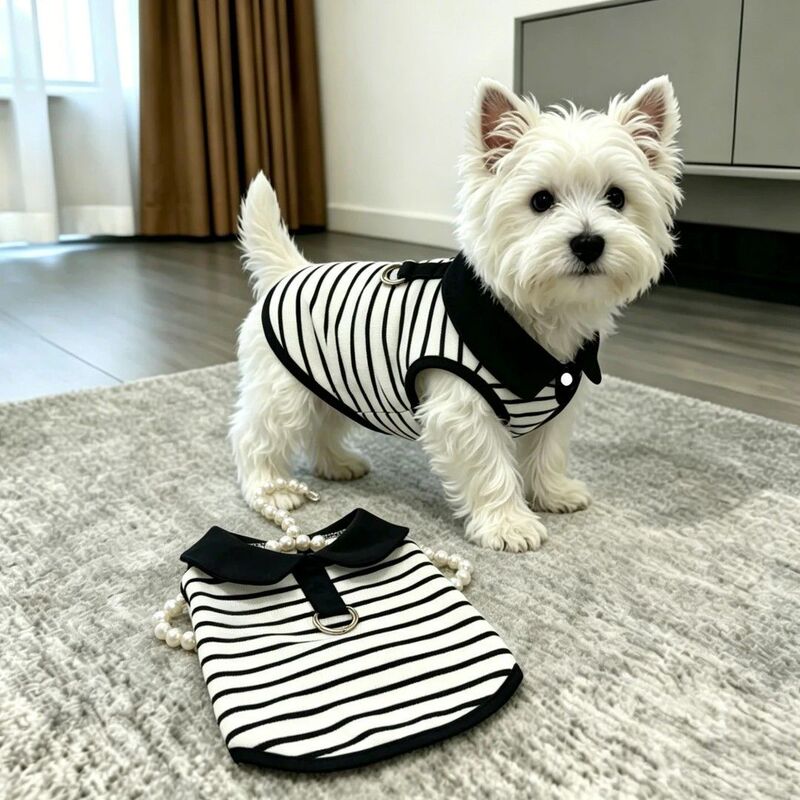 West Highland Dog Clothes, Summer Thin Style, Suitable for Leash Attachment, Striped Polo Collar Sleeveless Vest for Teddy, Bichon, Pomeranian